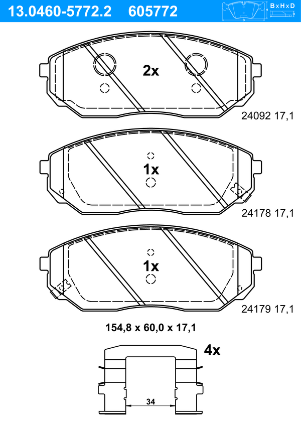 Bremsbelagsatz, Scheibenbremse | ATE, Breite: 154,8 mm, Höhe: 60,0 mm MAPP-Code vorhanden