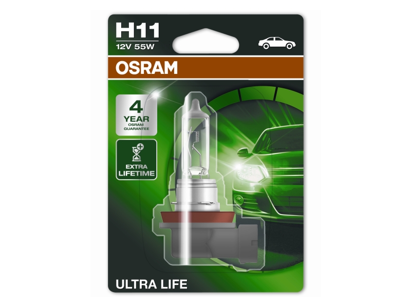 Ampoule H11 Ultra Life 55W [12V] (1 pièce), 12 V OSRAM, par ex. pour Opel, Vauxhall, Mercedes-Benz, Mitsubishi, KIA, Mazda, Ford Usa, Ford
