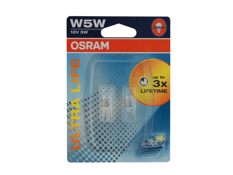 Ampoule socle en verre W5W Ultra Life 5W [12V] (2 pièces), Montage latéral, 12 V OSRAM