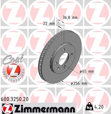 Bremsscheibe 'COAT Z' | Zimmermann, Außendurchmesser: 256 mm, Bremsscheibenart: außenbelüftet Bremsscheibendicke: 22 mm